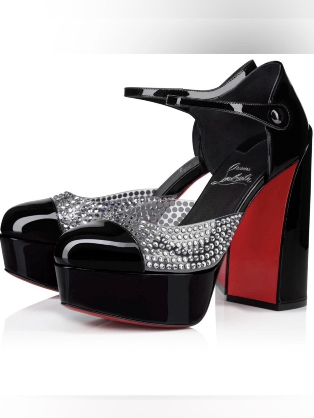 Christian Louboutin Black Patent Movida Crystal Mary Jane Pumps Size 37.5